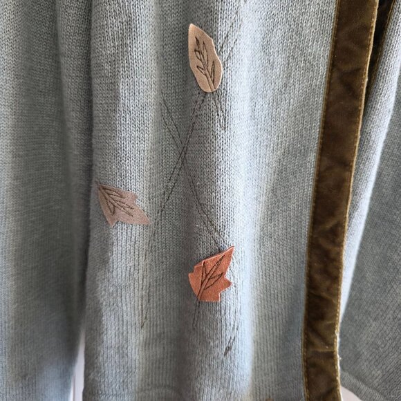Northern Isles M Linen Cardigan Single Button Leaf Embroider Cottage Deadstock - Picture 2 of 8